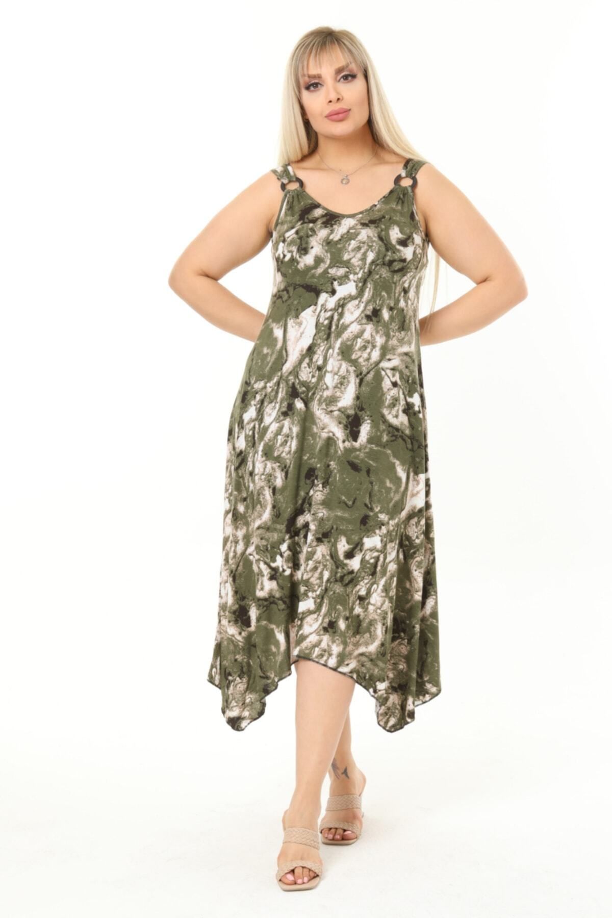 

Women s Big Size Dress Strappy Asymmetrical Cut Green Batik Pattern Plus Size Dress