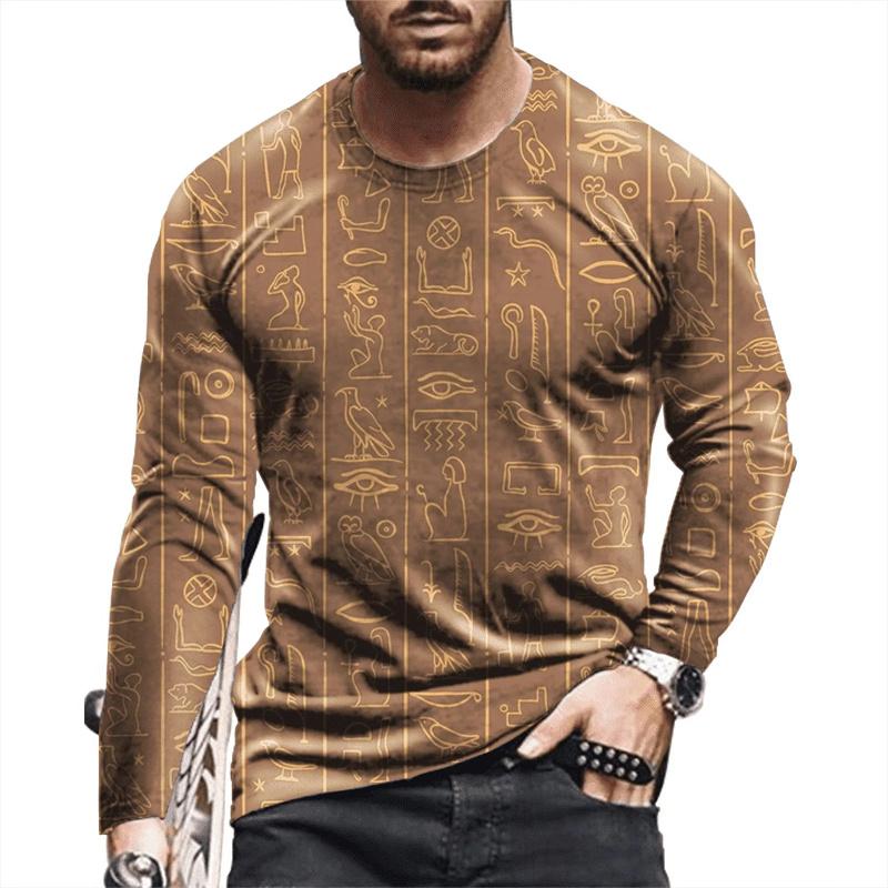 Ancient Egyptian Pattern Print T-shirt Autumn Men's O-Neck T-shirt Casual Long Sleeve Oversized Tops Fashion Streetwear Tees