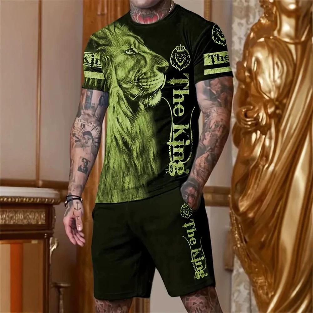 3D Printed Lion Round Neck Short Sleeve Suit - Trendy Brand