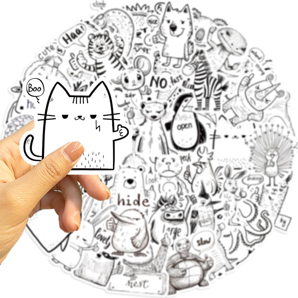 50 Cartoon Black and White Vertical Thumb Animal Doodle Sticker Decorative Guitar Notebook Suitcase DIY Waterproof