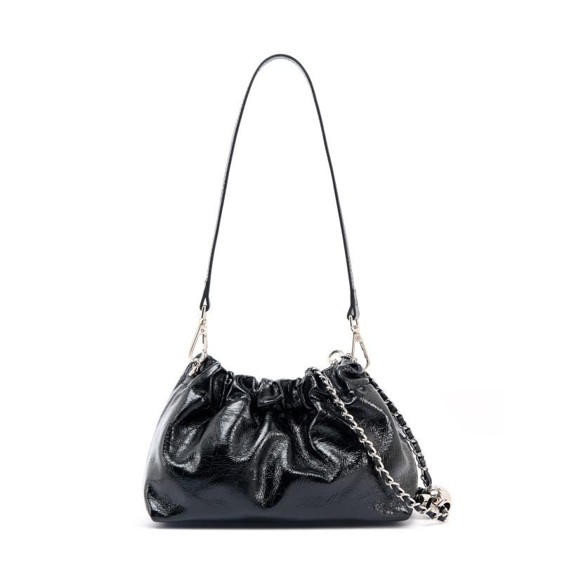 Little Golden Ball Chain Wrinkled Cloud Bag Handbill Shoulder Underarm Black Leather Design Unique Crossbody