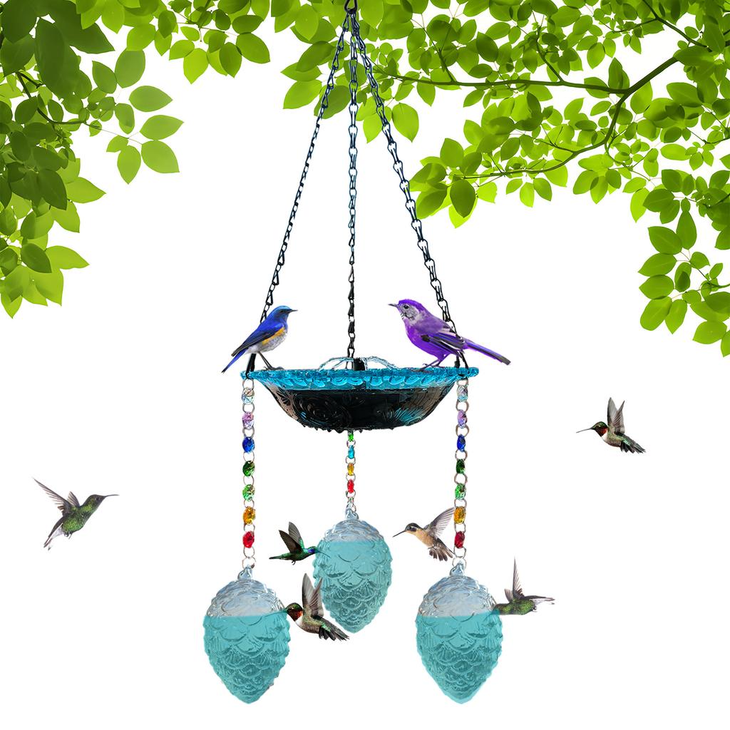 Bebedouro de Pássaros de Vidro Pendurado com Corrente Decorativa e Três Enfeites de Pinha Embossados para Uso Externo no Jardim, Quintal ou Pátio