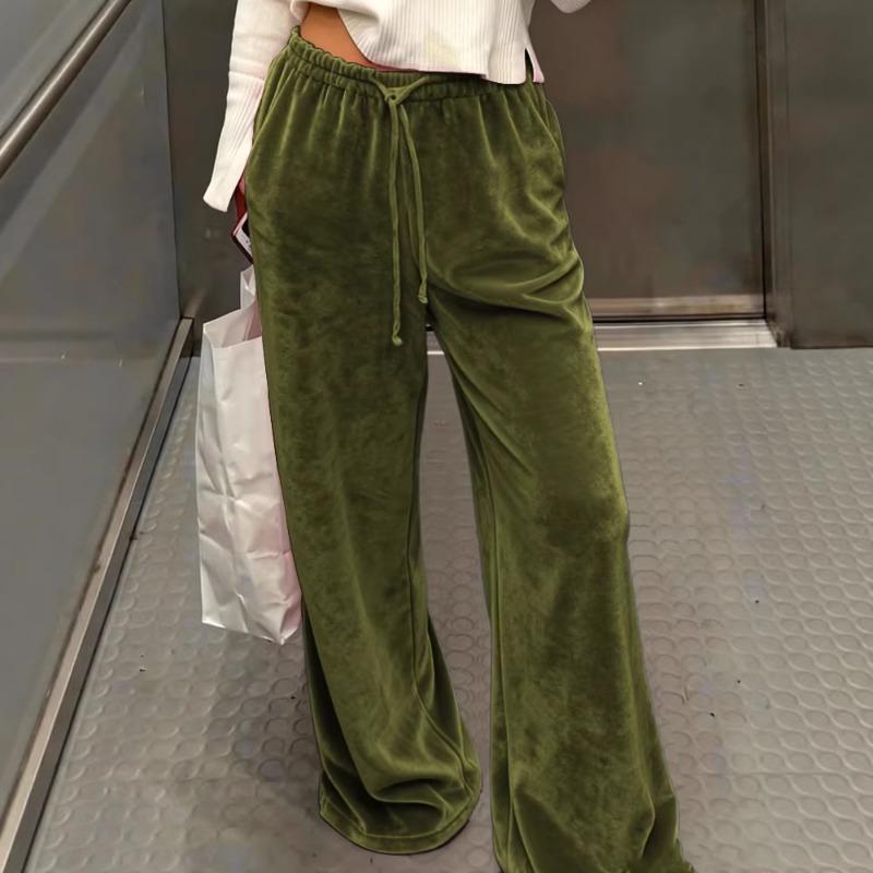 Damen Samt Freizeit Hose mit weitem Bein Kordelzug Taille Lounge Hose