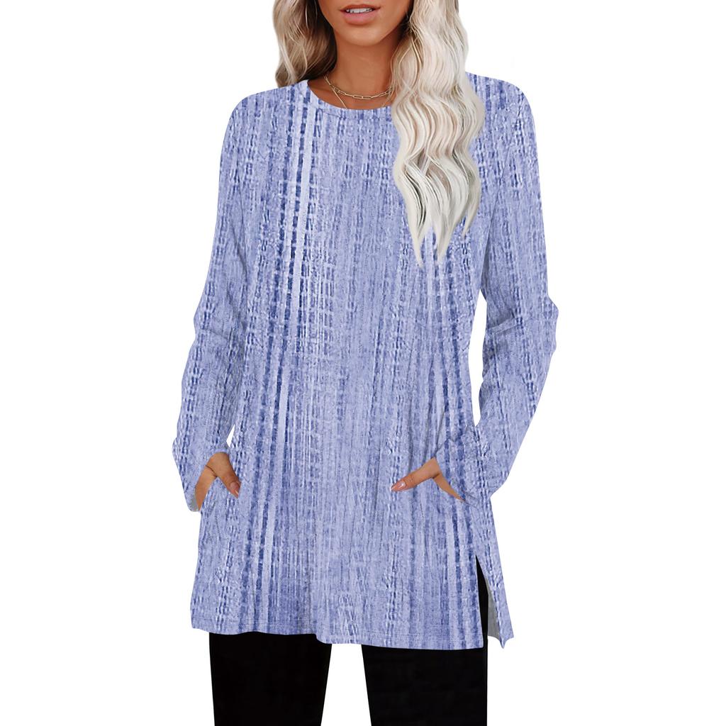 Womens Sweaters Crewneck Long Sleeve Shirts With Pockets Fall Outfits  Fashion Winter Clothing Side Slit