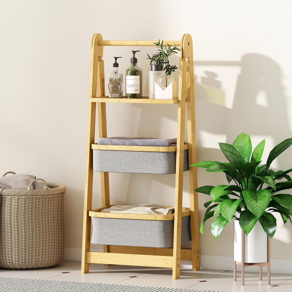 Folding Bamboo Bathroom Shelf with 2 Laundry Baskets Open Shelf Grey