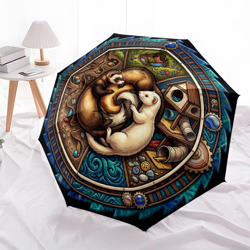 Ferret Harmony Mandala Pattern Umbrella, Portable and Foldable Design, 8 Ribs, a Casual Accessory for Halloween, Christmas, and Birthday Gifts.