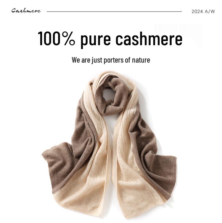 Women's 100% Pure Cashmere Scarf: Autumn/Winter Hollow-out Floral Color-Block Knit Shawl, Korean Style, Versatile and Warm.