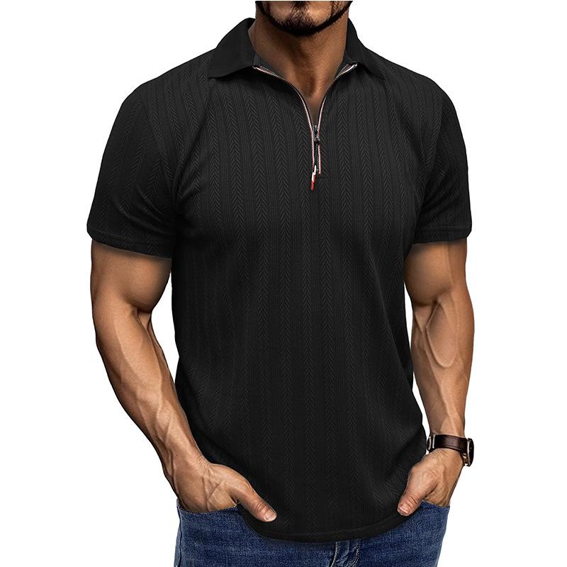 Men Casual Short Sleeve Zip Collar Jacquard Polo Shirt S