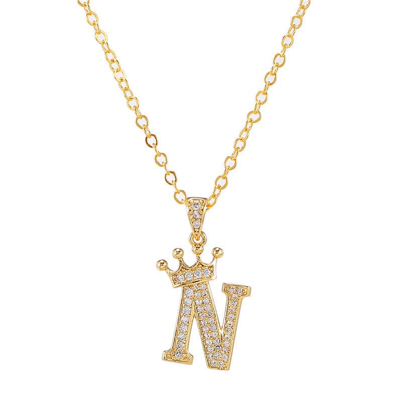 Fashion Cubic Zirconia Crown Letter Pendant Necklace Gold Hip Hop Punk Alphabet Jewelry