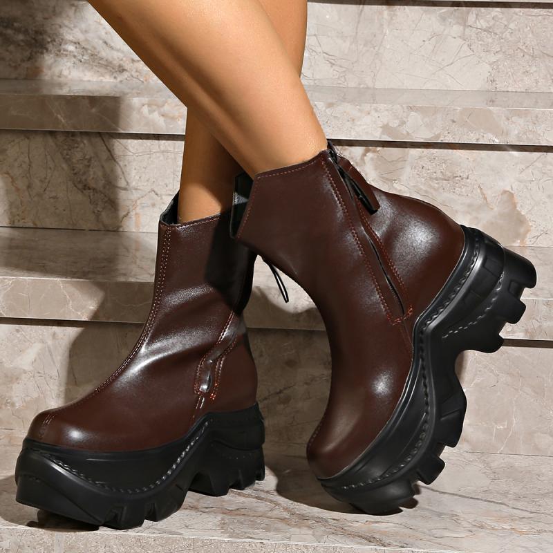 Brand Design Solid Thick Bottom Ankle Boots Women 2025 Autumn Punk Chunky Platform High Heel Booties Fashion Side Zip Boots