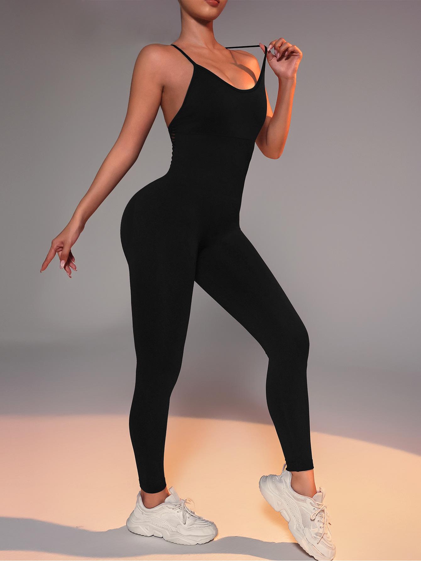 

2025 Европейский и американский бесшовный женский быстросохнущий комбинезон для йоги с глубоким V-образным вырезом на спине и длинными брюками микро-клеш S