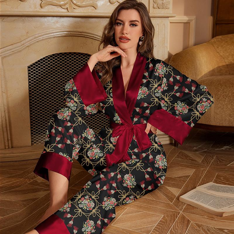 Printed Flower Sleepwear Spring Autumn Nightwear Lounge Wear Long Sleeved Bathrobe Cardigan Robe Satin Pajamas Suit Home Clothes