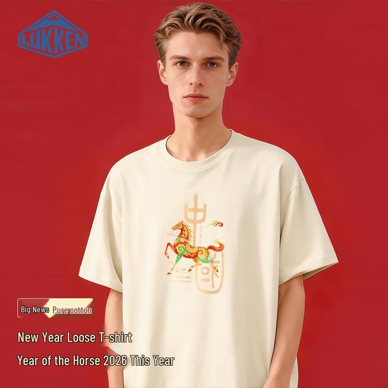 LUKKEN Men s Pure Cotton Horse Year Print Short Sleeve T-Shirt S