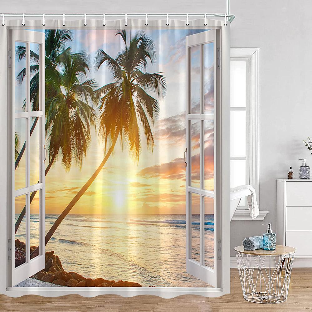 Coastal Shower Curtain Open Window View Of The Sky Clouds Rising Sun Seascape Grass Morning Scenery Bathroom Decor Set With Hook