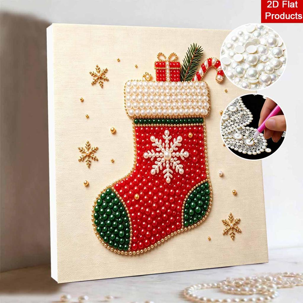 Framed Pearl Bead Art Set with Christmas Stocking Pattern DIY Sparkling Canvas Painting Relaxing Hobby Gift for Meditation Room Decoration