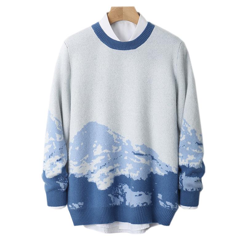 Men's High-End Pure Wool Patchwork Sweater - Winter Round Neck Cashmere Knit, New Style Base Layer