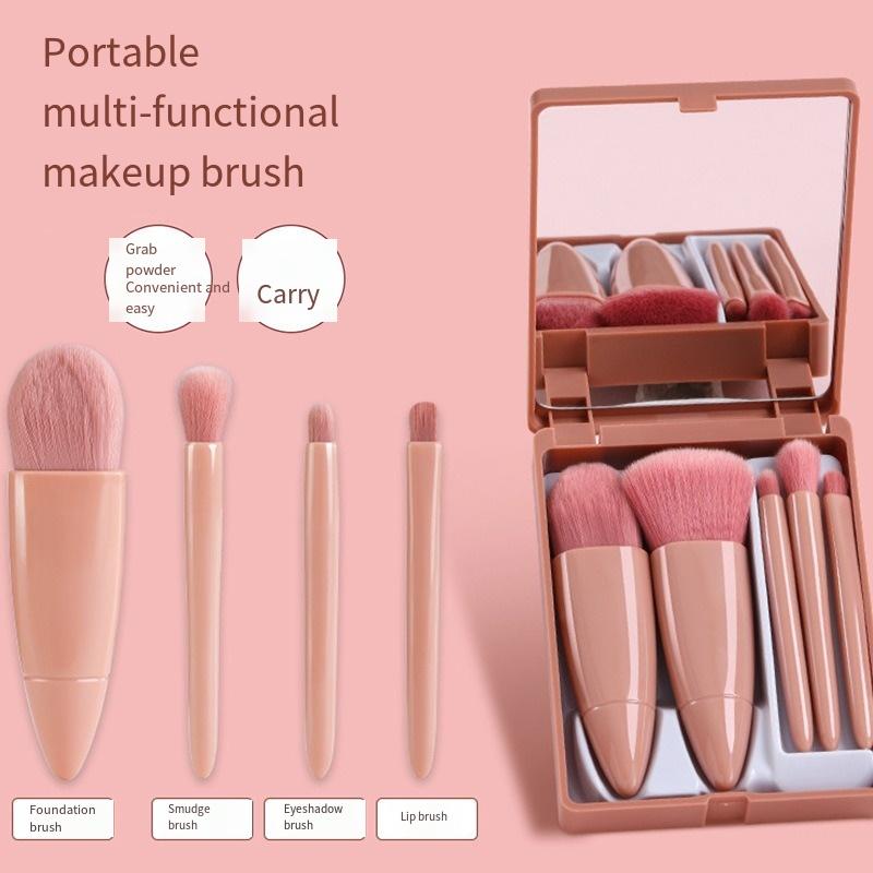 5Pcs Mirror Case Makeup Brush Set Multifunctional Loose Powder Brush Blush Brush Mini Small Mirror Makeup Brush