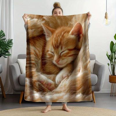1pc Vintage Ginger Kitten Print Flannel Blanket - Ultra-Soft Cozy All-Season Throw for Sofa & Bed Warm Sleeping Cat Design