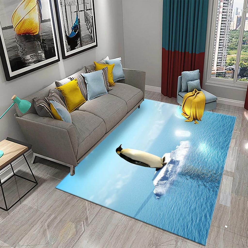 3D Cartoon Penguin Carpet Cute Animal Big Rug for Living Room Bedroom Comfortable Decor Floor Mat Area Rug Bathroom Non-slip Rug