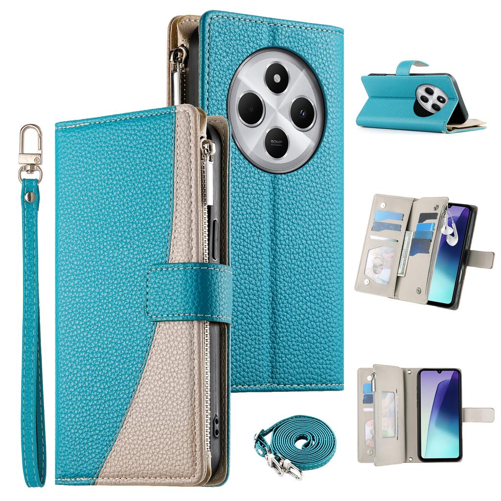 Leather Case For Xiaomi Redmi 14C 4G/14R 5G/A3 Pro 4G/A4 5G/Poco C75 4G Zipper Wallet Color Splicing Flip Phone Cover with Straps