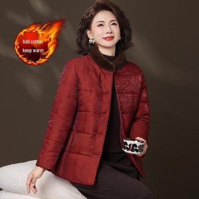Stylish Red Cotton Jacket for Middle-Aged Women - Autumn/Winter Velvet-Padded Outerwear