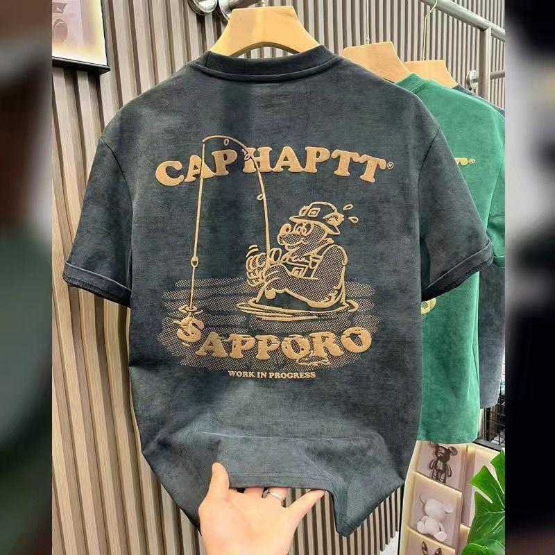 American Heavy Short-Sleeved T-Shirt Men'S Loose Trendy Brand Half-Sleeve Printed T-Shirt Cotton Top Retro