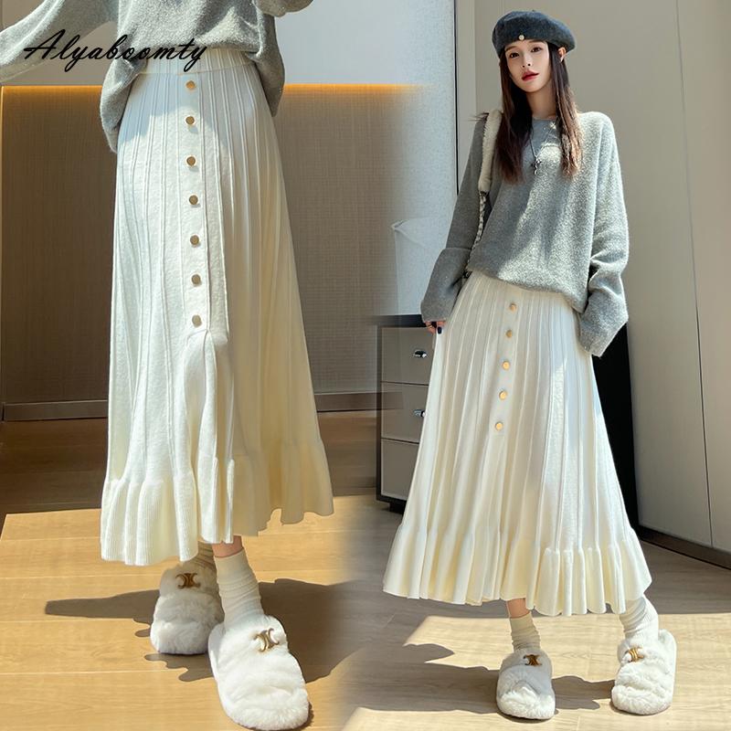 French Style Autumn Winter Women Knitting Skirt High Waist Beige Black Knitted Ruffles Skirt Elegant Feminine Split Ladies' Skirts Womens