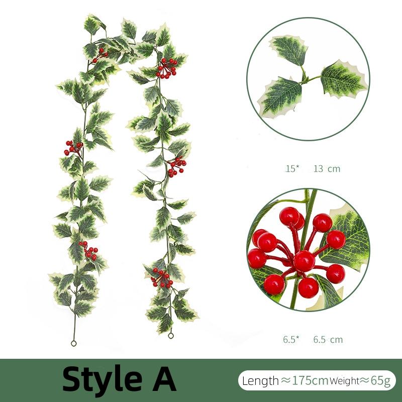 1-10PCS Artificial Holly Leaf and Red Berry Garland Wall Hanging Christmas Decoration Faux Vine for Home Holiday Atmosphere