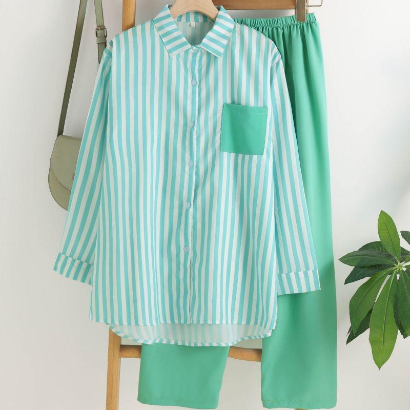 Ensemble chemise à manches longues rayée décontractée d'été pour femme - Thaïlande