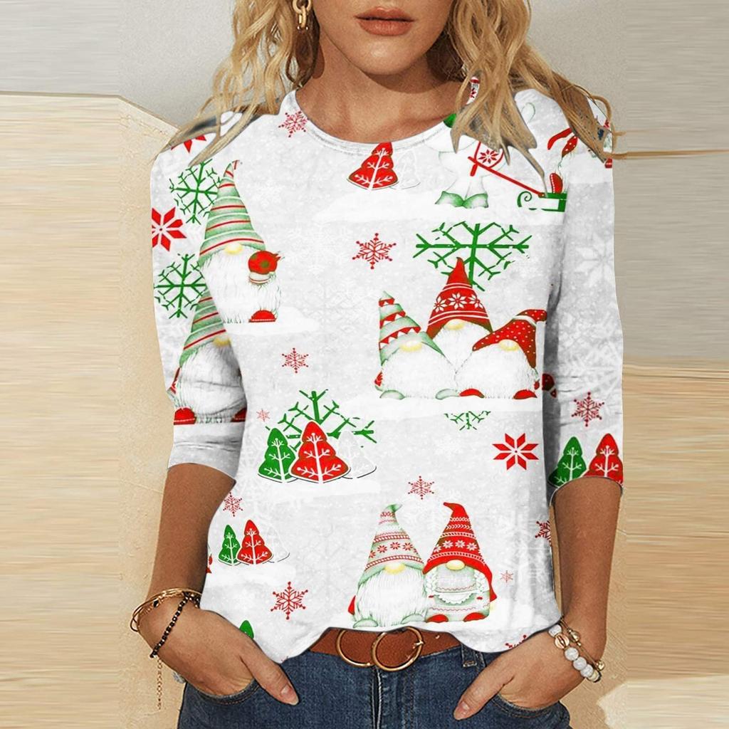 Damen-T-Shirt mit modischem Weihnachtsdruck, lässig, langärmelig, Rundhalsausschnitt