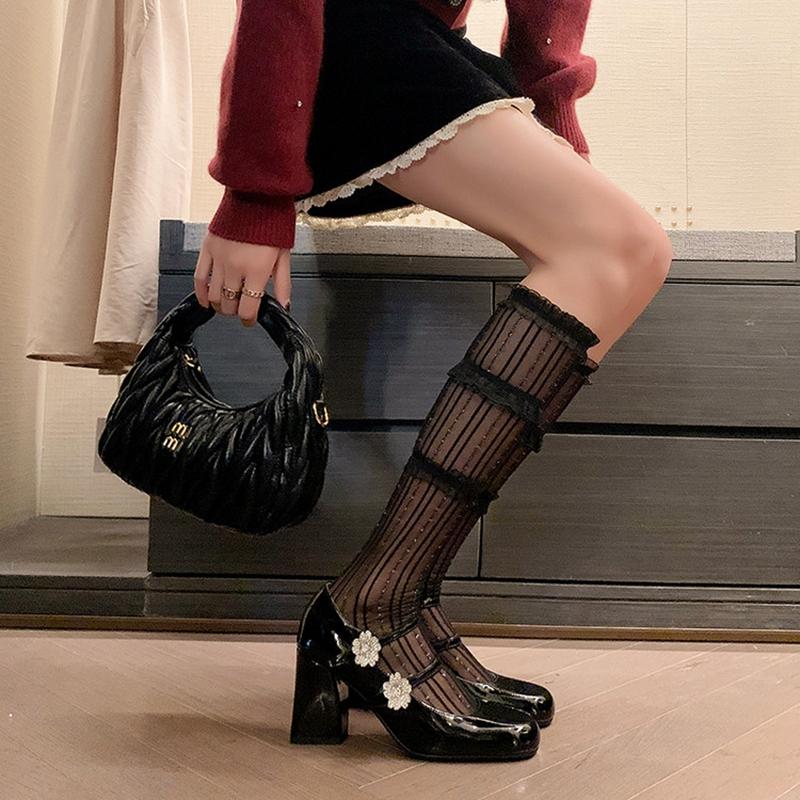 Fashion New women's genuine leather, cowhide, patent leather, round toe rhinestone flower belt buckle, high heels, Mary Jane shoes