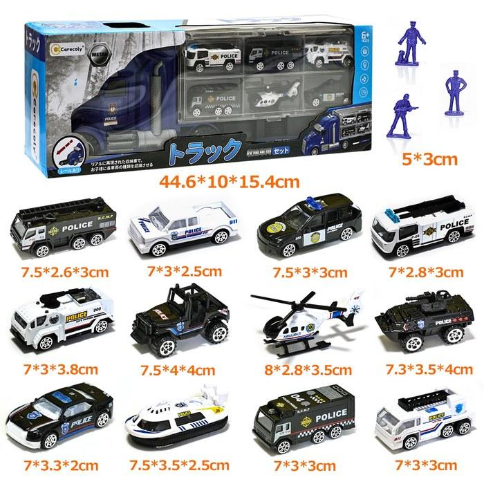 Carecoly Truck Police Vehicle Set - Diecast Car Set with Large Carrier - Alloy Toy Cars with Military Map - Blue