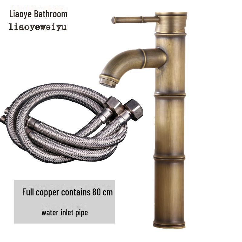 Baterie de baie europeană antică din cupru cu bambus – Baterie pentru lavoar cu apă caldă/rece pentru chiuvete deasupra blatului