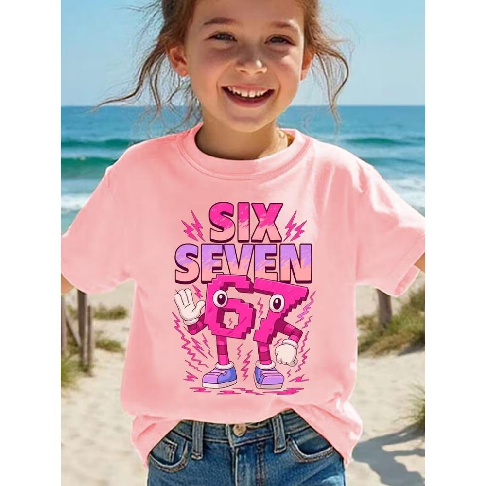 Summer Fashion Girls' Short Sleeved Children T-shirt Number Six Seven Pink Color TV Cartoon Pattern Printed Casual Versatile Top