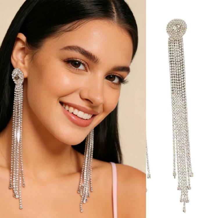 Glittering Rhinestones Long Tassels Drop Earrings in High Quality Alloy Offering Dateless Elegance for Various Occasions