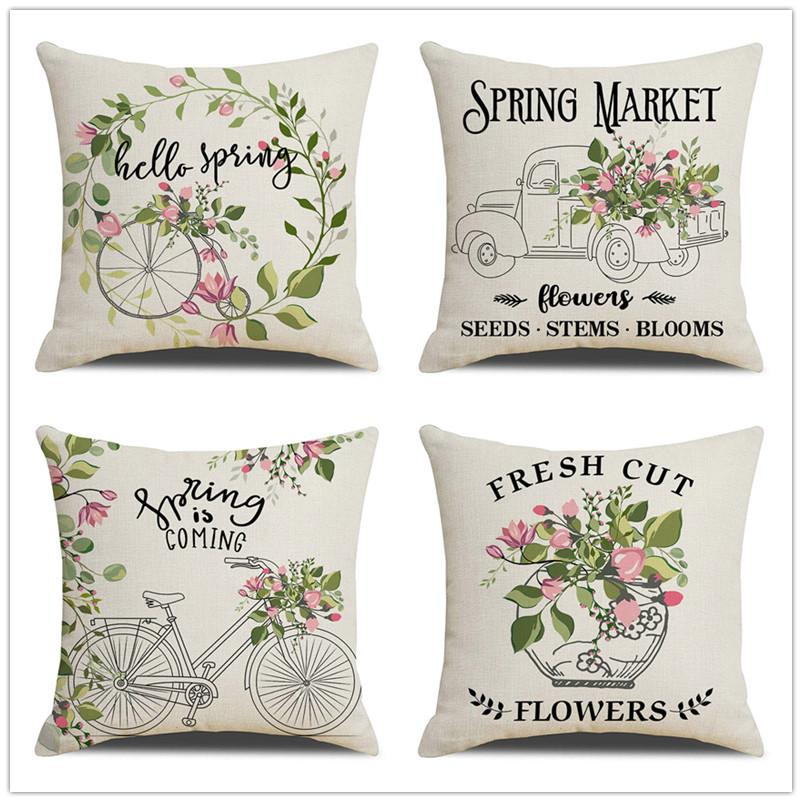 Seasons Throw Pillow Cover Spring Linen Flowers Truck Cushion Office Throw Pillow Cushion Throw Pillow Cushion