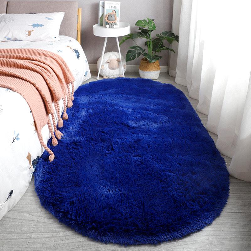 Ins Tie-Dye Oval Silk Wool Rug: Long Pile Carpet for Living Room, Bedroom, Bedside, Cloakroom, Decorative Floor Mat