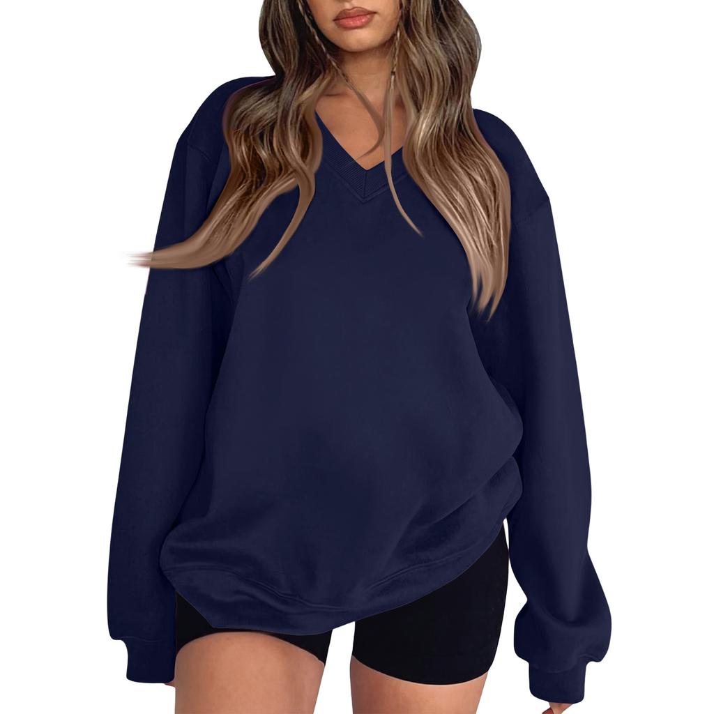 Women's Long Sleeve V-Neck Sweatshirt Color Casual Pullover Top
