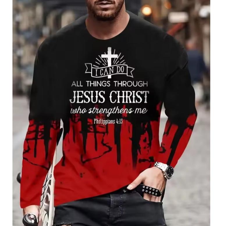 Christian Letter Pattern JESUS Vintage Men's T-Shirt Long Sleeve Crew Neck 3D Printed T-Shirt Sports Oversized Men Clothing