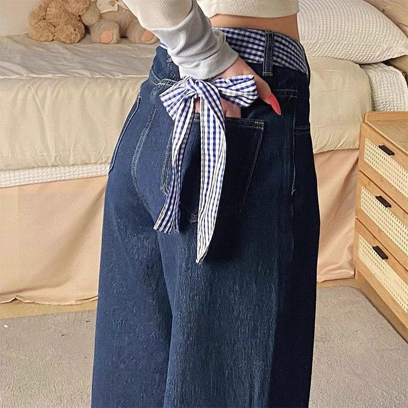 Patchwork Jeans Women High Waist Slimming Dark Blue Loose Wide Leg Floor Length Pants