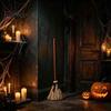 Outdoor Yard Halloween Ornament Electric Broom Toy, with Touch Activated Swinging Prop, Retro Realistic Silk Witch Straw Broom, for Party Courtyard