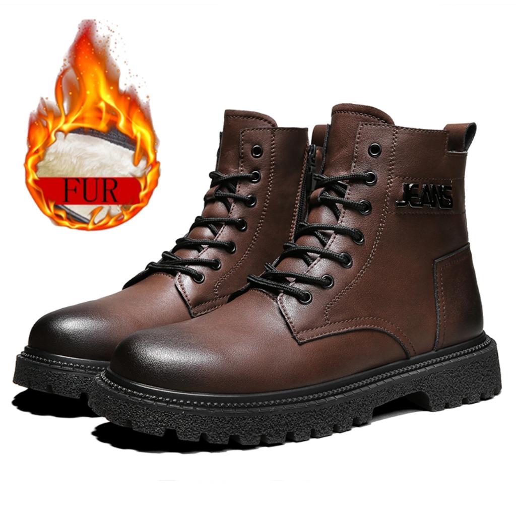 Fashion Fur Warm Winter Genuine Leather Men Long Boots Breathable High Top Shoes Outdoor Casual Men Winter Shoes Autumn Sneakers Boots