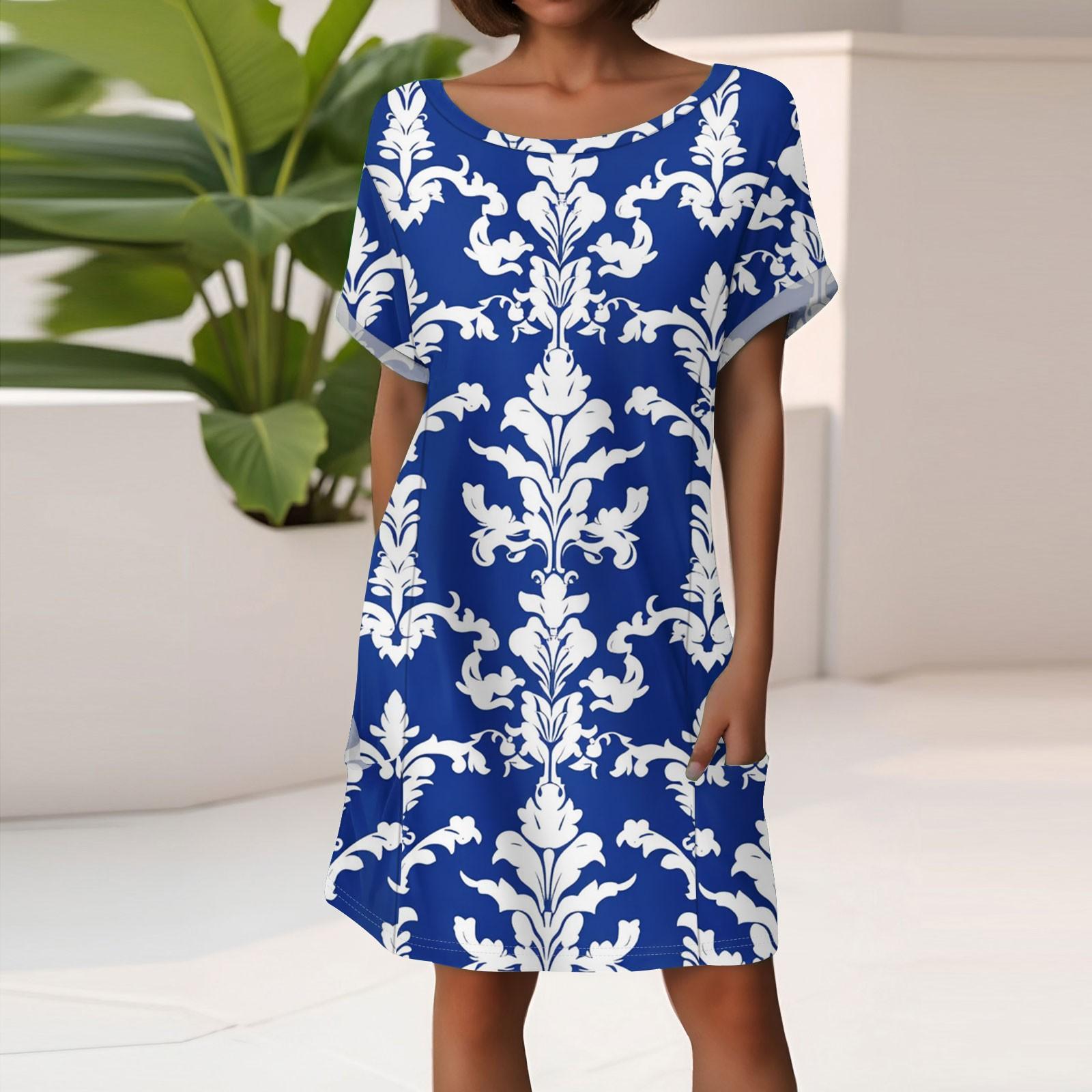 

Women s Fashion Short Sleeve Dress With Pockets Floral Print Casual Beach Dress XL білий