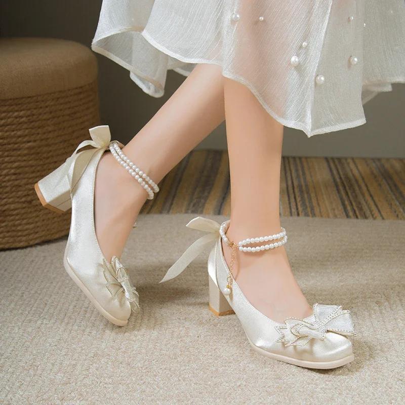 Elegant Pearls Ankle Strap Pumps Women Spring 2025 Square Toe Crystal Buckle Mary Janes Woman High Heels Party Wedding Shoes 40