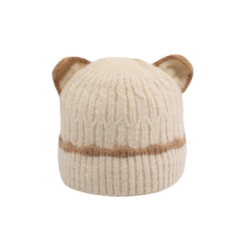 Winter Cute Cartoon Plush Hat with Large Brim for Women Japanese Style Warm and Thickened Ear Protection Knitted Hat with Bear Ears