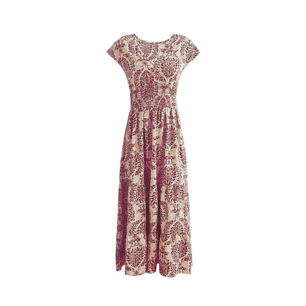 Vintage print dress fashionable and elegant V-neck short-sleeved dress long dress women's clothing