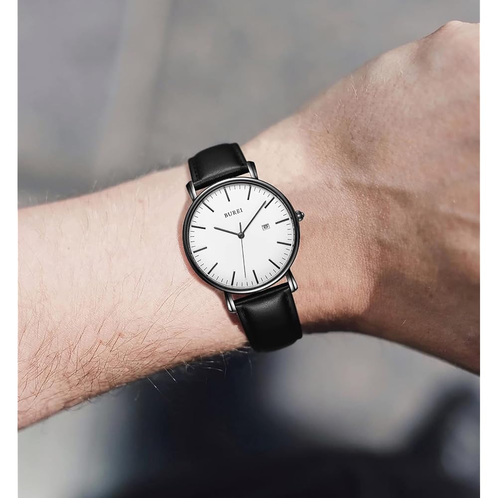 BUREI Men's Stylish Business Watch Leather Band Slim Simple Design Men's Timepiece