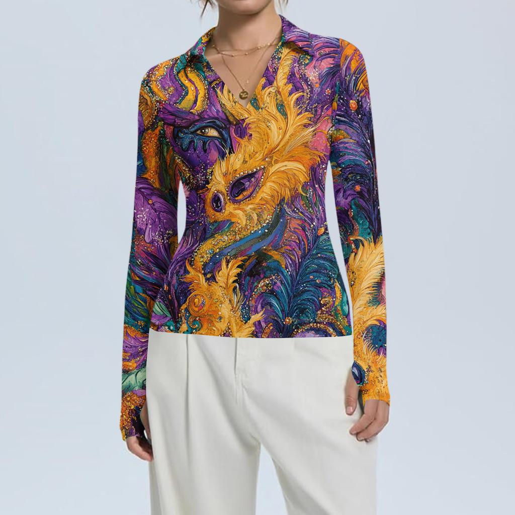 Women's Fashion Casual Print V-Neck Long Sleeve Button-Down Top