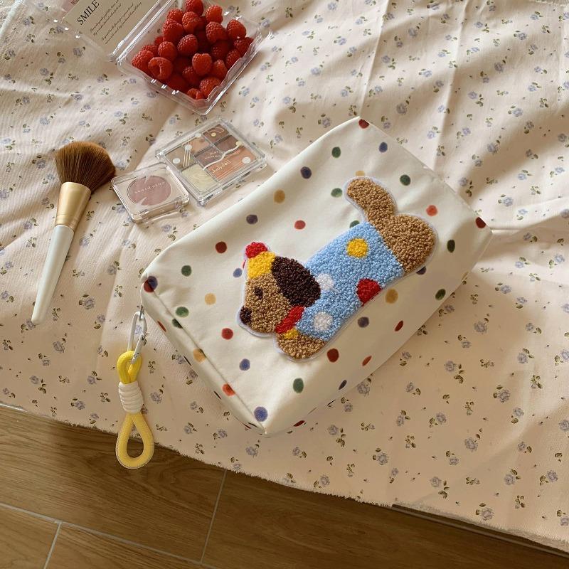 Cute Dog Embroidered Cosmetic Bag Women Canvas Makeup Bag Portable Zipper Toiletry Organizer Travel Storage Pouch