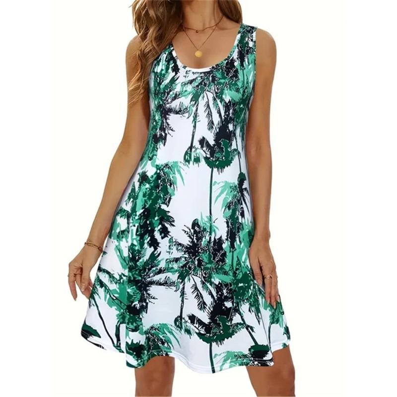 Plants And Flower Buds Pattern Women Mini Dresses Summer Sleeveless O-Neck